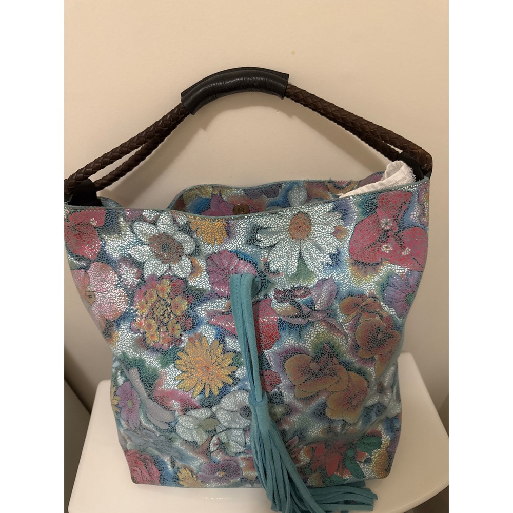 Uno Alla Volta Italian Leather Floral Metallic Hobo Bag BlueTassel Made in Italy